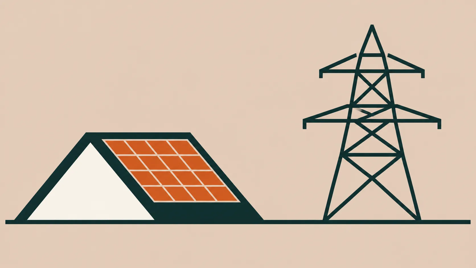Płaska ilustracja: dach z panelem fotowoltaicznym oraz słup energetyczny na działce